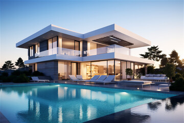 Fototapeta na wymiar Modern villa with pool and deck with interior. AI generated content