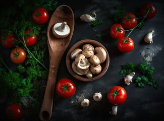 Fototapeta na wymiar White mushrooms in wooden spoon with parsley, dill, tomatoes cherry and fresh sliced champignon on table for cooking homemade delicious dishes. Created, Generative, AI, technology.
