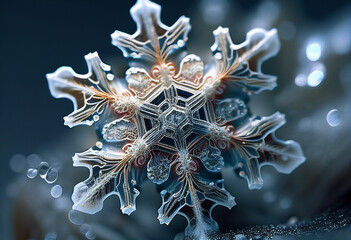 Fototapeta na wymiar Amazing snowflake in macro. AI Generated