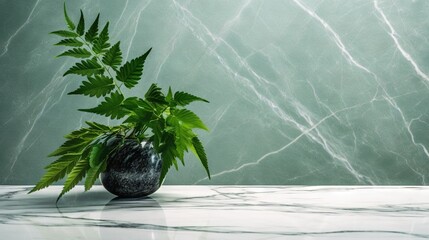  a green plant in a black vase on a marble table.  generative ai