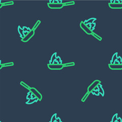 Line Pan with fire icon isolated seamless pattern on blue background. Vector