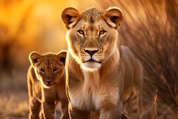 Fototapeta na wymiar Lioness and young lion cub. Panthera leo. Wildlife animal oudoors on its natural habitat. AI generative