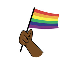 Rainbow flag. Brown dark skin hand holding lgbt flag. Pride month. Diversity.