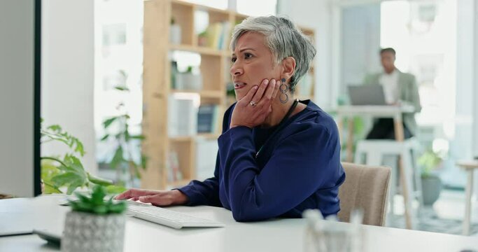 Confused, computer and search with business woman in office for planning, thinking and email. Technology, problem solving and receptionist with employee and report for question, website and glitch