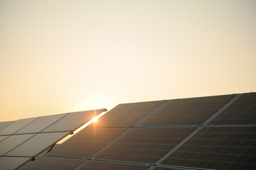 Photovoltaic panels at sunset. Power plant using renewable solar energy.