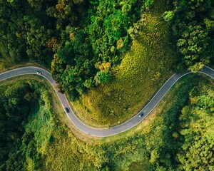 Beautiful green mountain road curve landscape of a drone capture topdown from puerto rico