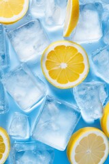 Fresh juicy wet lemons and ice tubes. vibrant lemon slices floating amidst crystal clear ice cubes. Citrus fruits with drops of water. Flat lay, top view