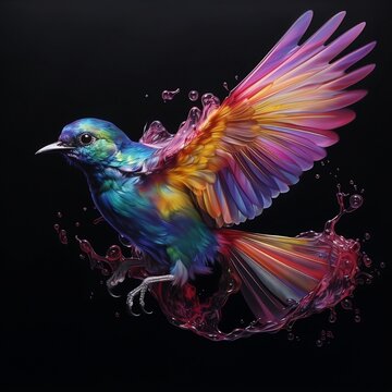 Iridescent multi-coloured bird in levitation- chromatic, prismatic, rainbow