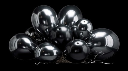  a bunch of shiny black balloons in the air on a black background.  generative ai