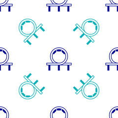 Blue Roller coaster icon isolated seamless pattern on white background. Amusement park. Childrens entertainment playground, recreation park. Vector