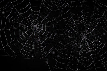 Real creepy spider webs silhouette isolated on black banner panorama | Generative AI