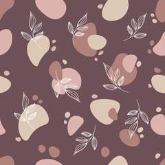 Seamless pattern with leaves on a spotted background. Brown print for clothes, bed linen, tablecloths. Vector illustration