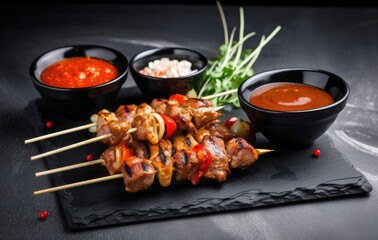 Kebabs - grilled meat skewers, shish kebab with vegetables on black wooden background. Created with...