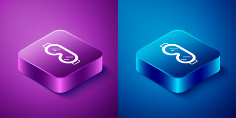 Isometric Safety goggle glasses icon isolated on blue and purple background. Square button. Vector