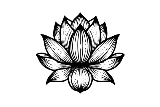 A lotus lily water flower in a vintage woodcut engraved etching style vector illustration.