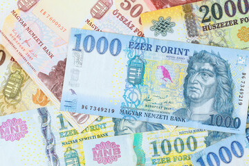 Hungarian forints official currency of Hungary cash in different denominations.