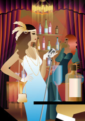 singer on the background of the bar shelf with alcohol, art deco
