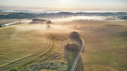 Aerial view of foggy rural countryside with lush green fields and winding dirt road