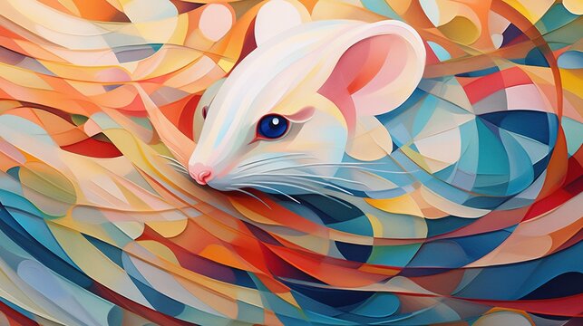  a painting of a white rat with blue eyes and a multicolored background.  generative ai