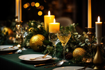 Christmas Dinner, Green Winter Table Decoration for Christmas, Beautiful and Festive Interior at Home - Generative Ai