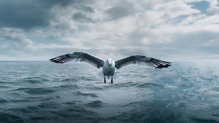  a seagull flying over the ocean on a cloudy day.  generative ai
