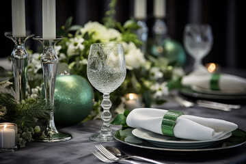 Christmas Dinner, Green Winter Table Decoration for Christmas, Beautiful and Festive Interior at Home - Generative Ai