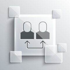 Grey Exchange work icon isolated on grey background. Information exchange between people. Employee or people Replacement or swap position concept. Square glass panels. Vector