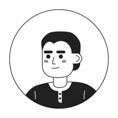 Handsome indian man monochrome flat linear character head. Editable cartoon avatar icon. Short haircut. Face emotion. Colorful spot illustration for web graphic design, animation