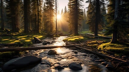 a stream running through a forest with sun shining through the trees.  generative ai