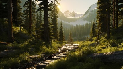  a stream running through a forest with tall trees and a mountain in the background.  generative ai