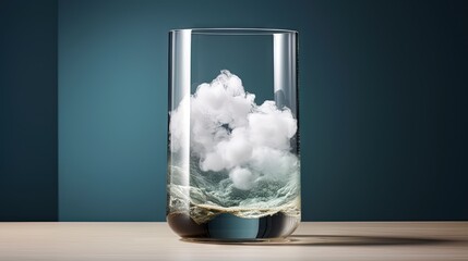  a glass with water and clouds inside of it on a table.  generative ai