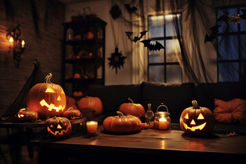 Interior of house decorated for Halloween with pumpkins, spider webs and lanterns