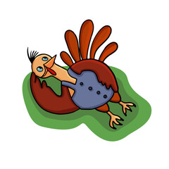 The turkey bird lies on the grass. Illustration for children, bright. multicolored. Suitable for the design of children's products, stickers, web icons