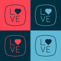 Pop art Love text icon isolated on color background. Valentines day greeting card template. Vector