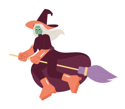 Evil witch on broom semi flat color vector character. Editable full body enchantress with long silver hair and green skin on white. Simple cartoon spot illustration for web graphic design