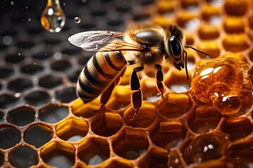 bee yellow insect honey closeup nature apiculture pollen gold macro background. Generative AI.