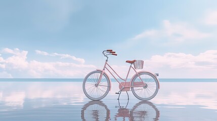 Obraz premium a pink bicycle is sitting on the water's edge. generative ai