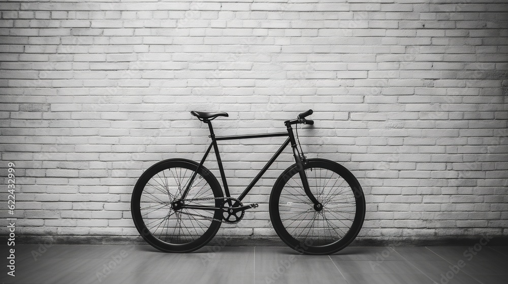 Canvas Prints  a black and white photo of a bike against a brick wall.  generative ai