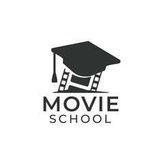 Movie school logo. Film reel with graduation hat icon. Movie Video Cinema Cinematography Film Production Logo Design