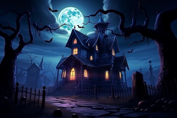 Fototapeta premium Halloween background at night with a house, moon, bats and spooky pumpkins