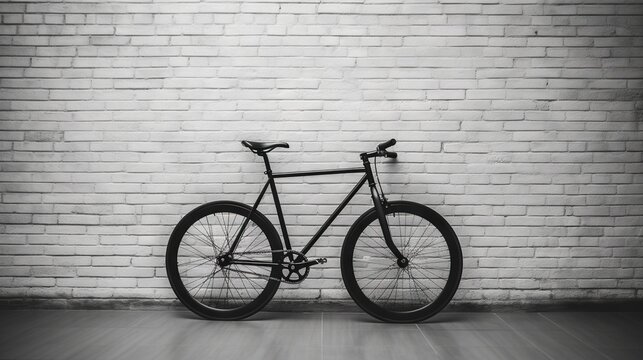  a black and white photo of a bike against a brick wall.  generative ai