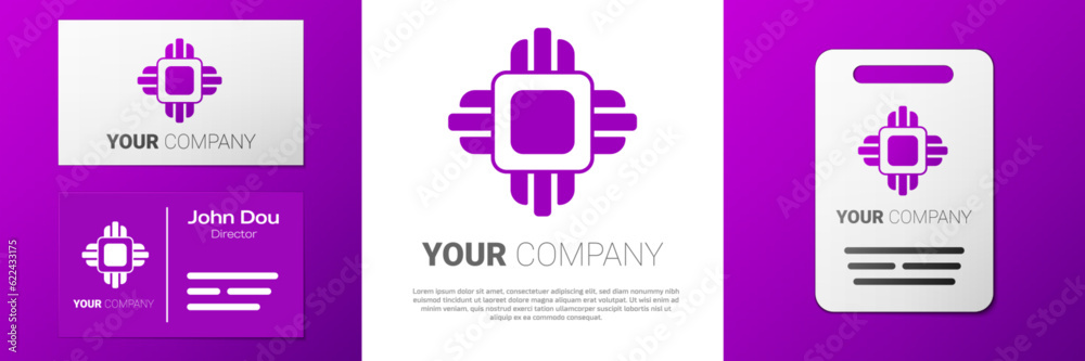 Poster logotype computer processor with microcircuits cpu icon isolated on white background. chip or cpu wi