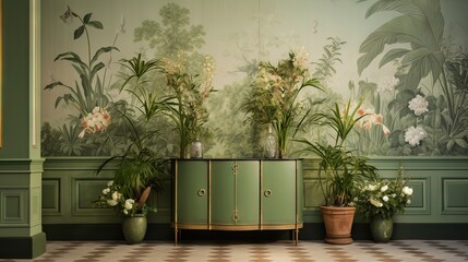  a room with a green cabinet and two potted plants.  generative ai
