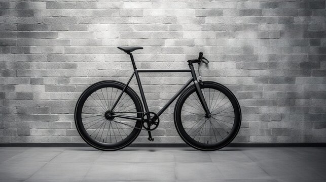  a black and white photo of a bike against a brick wall.  generative ai