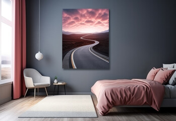 Luxury apartment with a art frame of a Curved blacktop road on the wall. 