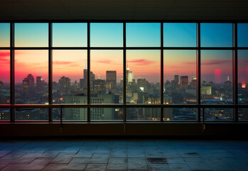 A city skyline dusk sunset viewed from the windows of an empty building with a view into the city.