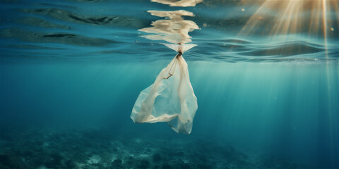 A plastic bag trash floating underwater in the sea, sea life pollution, ai generated 