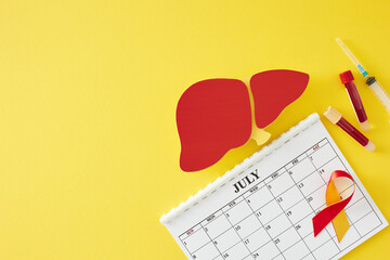 The concept against viral hepatitis on July 28th. Top view flat lay of calendar, healthy paper liver, awareness ribbon, blood samples, syringe on yellow background with space for text