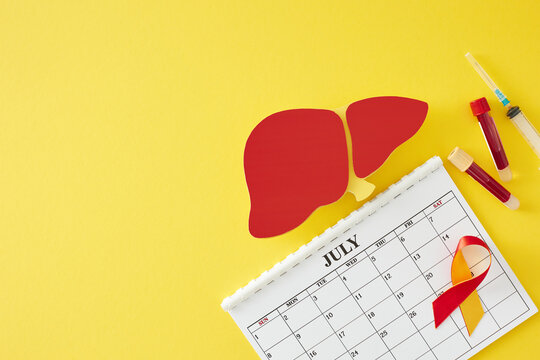 The concept against viral hepatitis on July 28th. Top view flat lay of calendar, healthy paper liver, awareness ribbon, blood samples, syringe on yellow background with space for text