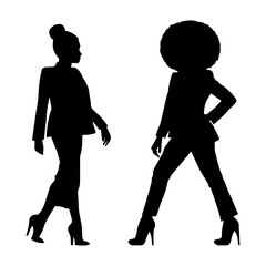 Vector illustration. Silhouette of two women colleagues girlfriends in classic clothes. Businesswoman secretary.